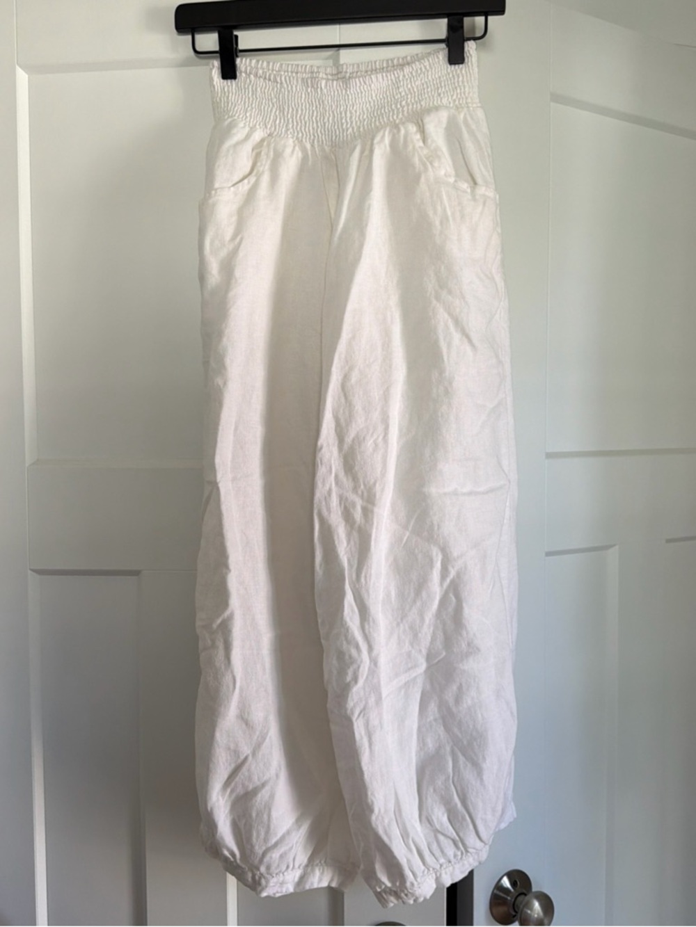 Nomad the Label White Smocked Linen Wide-Leg Pants